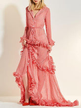 Plaid Lacy V-neck Floor Evening Dress